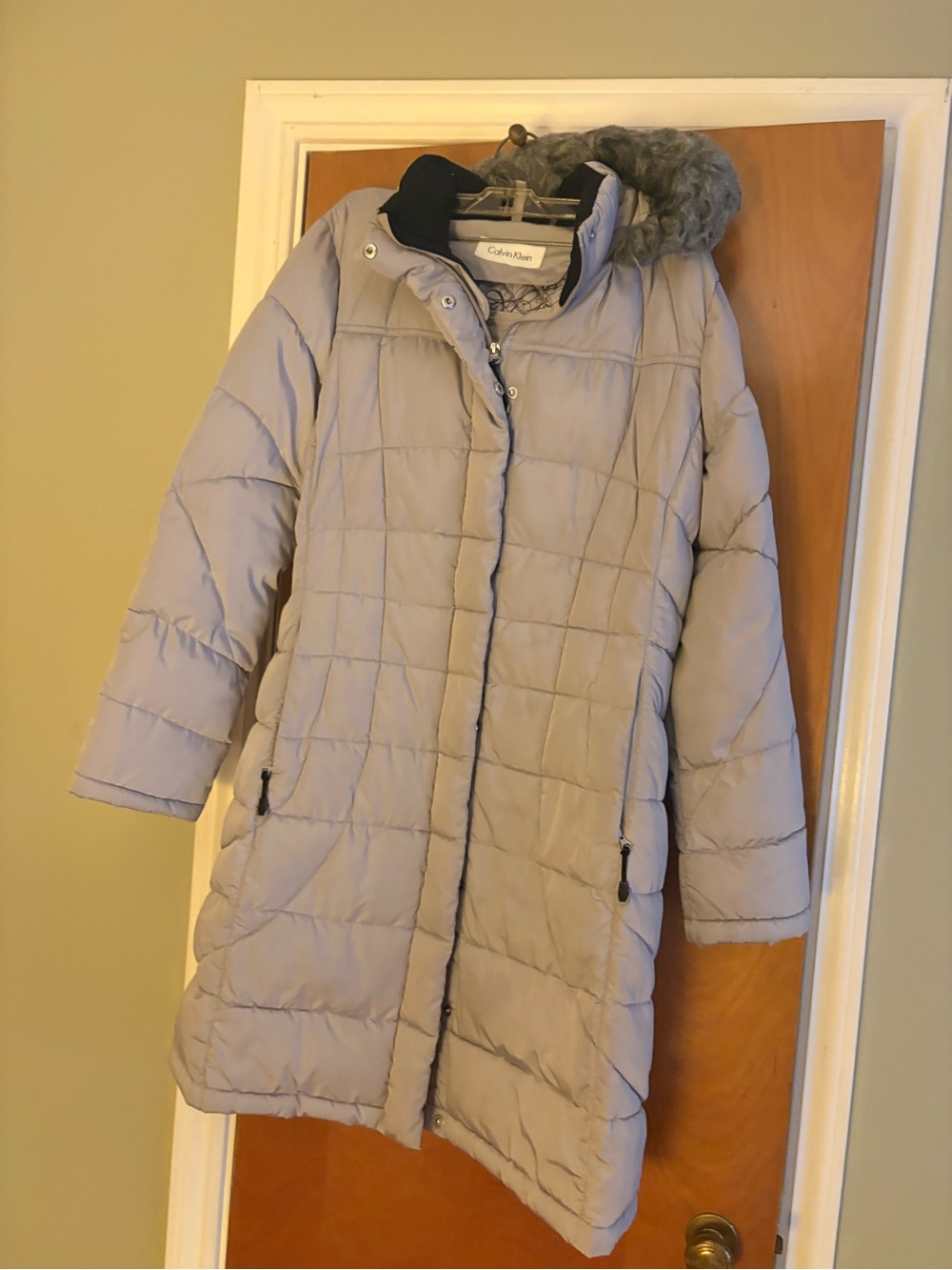 Calvin Klein Light Gray women’s Long Puffer Coat with Faux Fur Hood